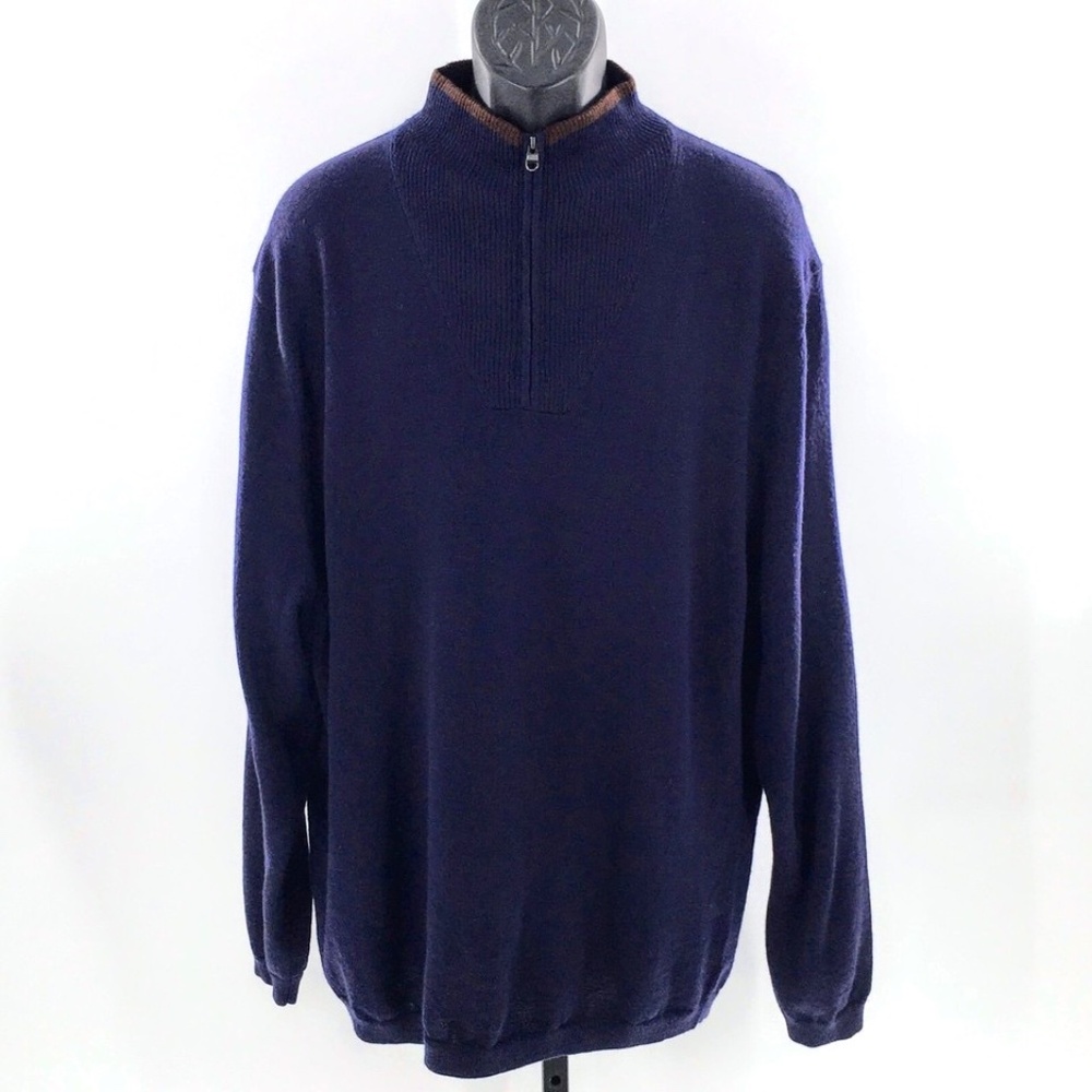 Jos A Bank Sweater 1/4 Zip Blue Merino Wool Pullover Lightweight Sz XXL